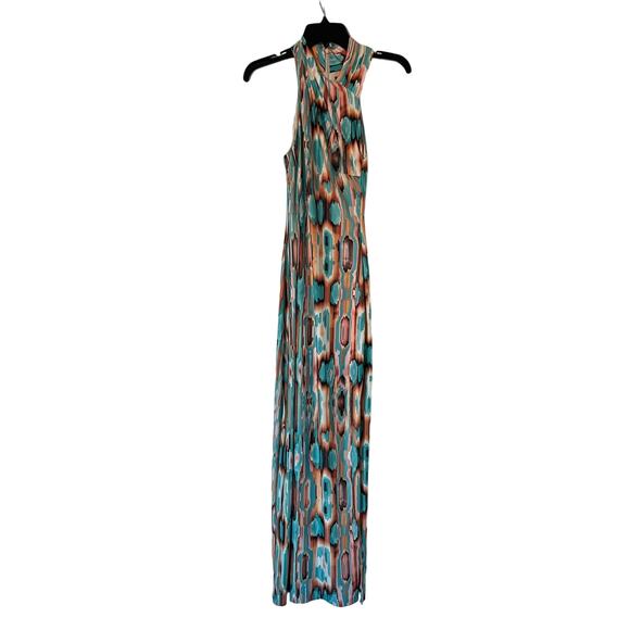 NEW Rachel Roy abstract halter neck long maxi dress slit retro - Picture 3 of 8